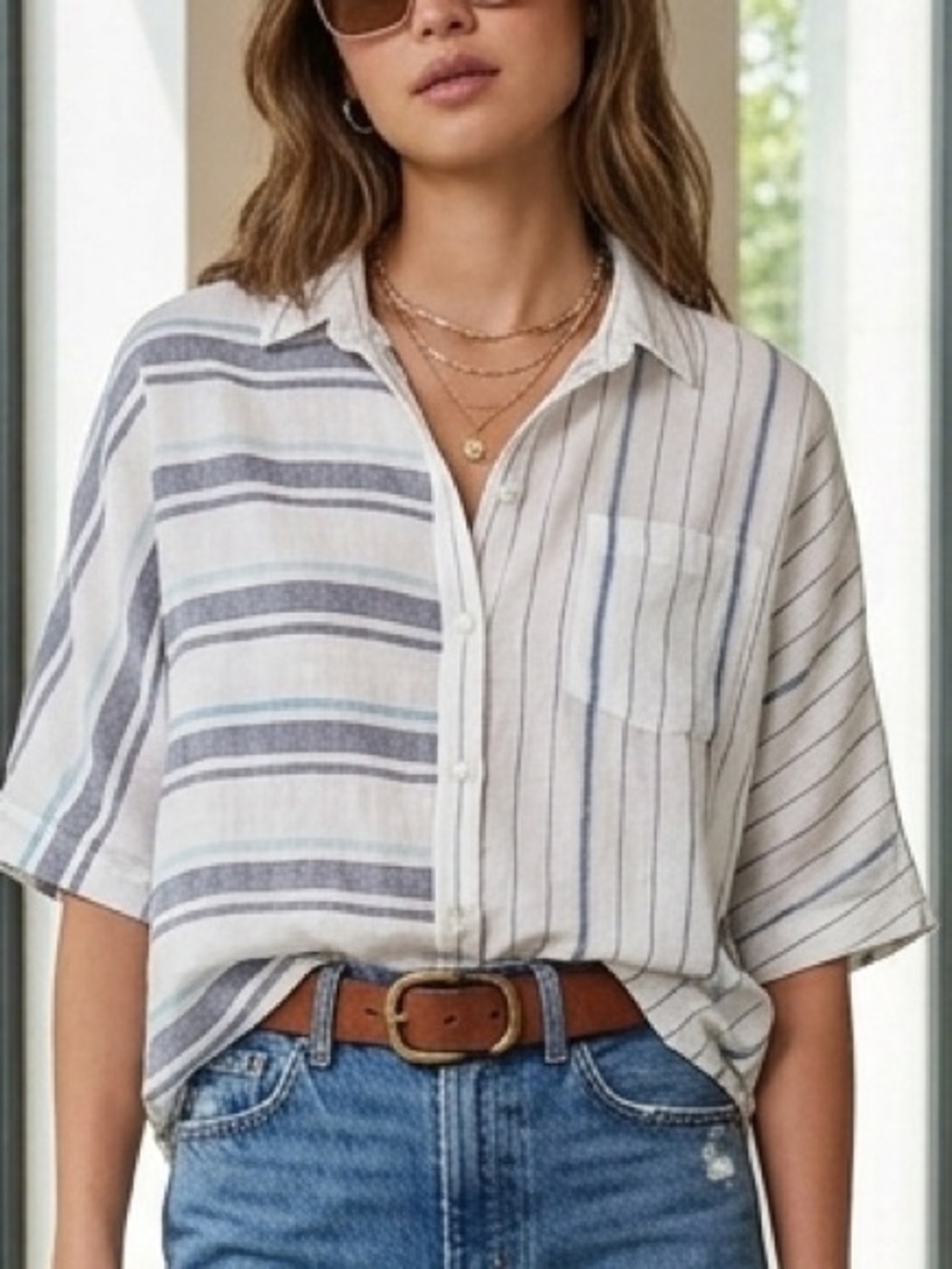 Rails Striped Button-Up Shirt in White, Blue & Gray